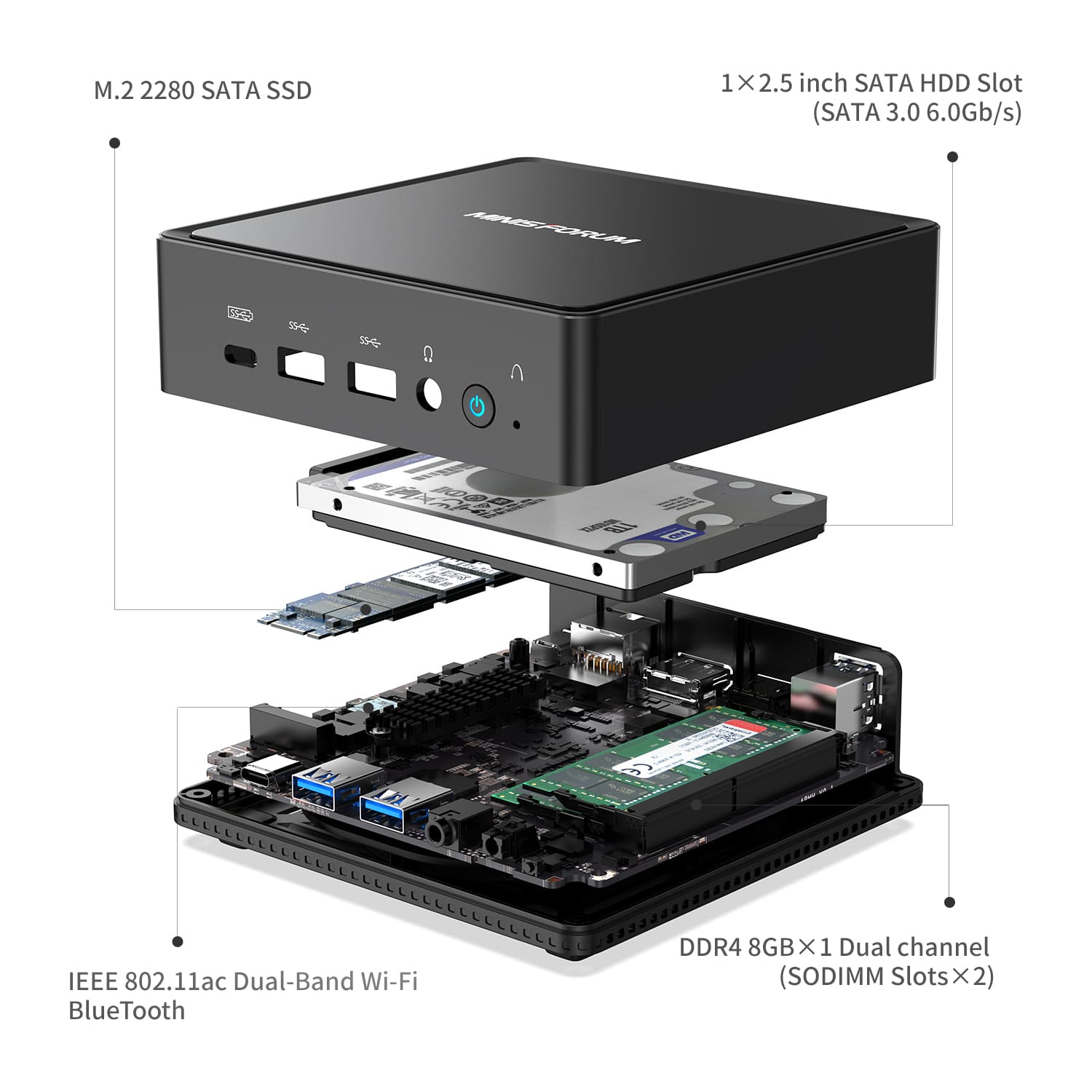 MinisForum JB95 1 MinisForum JB95 Windows Mini PC - Shown with storage options