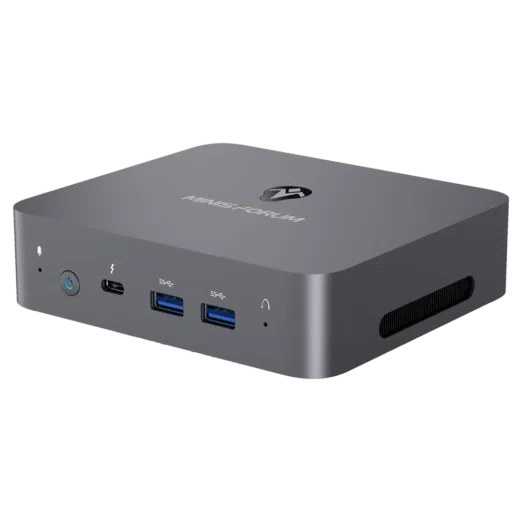 MinisForum X35G Windows Intel NUC Mini PC - Shown from the front at angle with Microphone, Power Port, USB Type-C and 2x USB Type-A 3.0