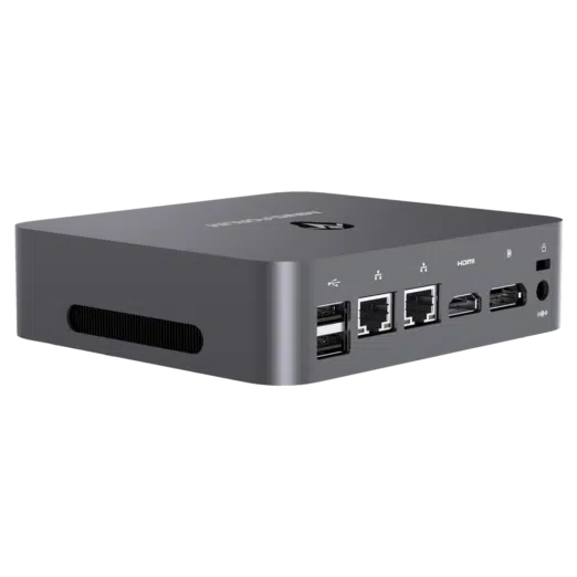 MinisForum X35G Windows Intel NUC Mini PC - Shown from the back at angle with 2x USB Type-A 2.0, 2x RJ45 Ethernet Ports, Display Port and HDMI Port