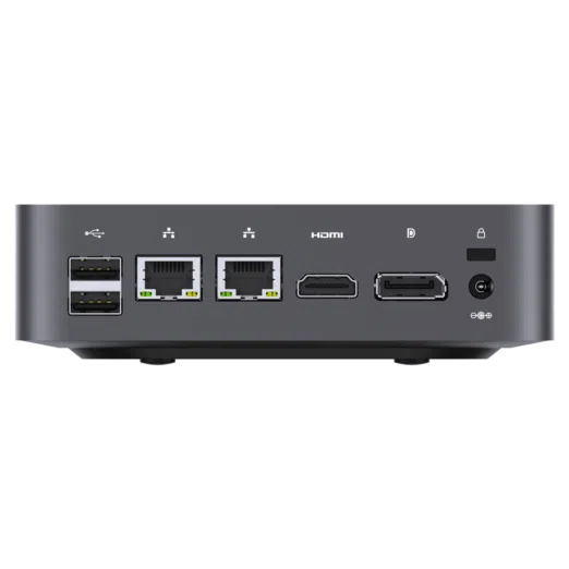MinisForum X35G Windows Intel NUC Mini PC - Shown from the back at angle with 2x USB Type-A 2.0, 2x RJ45 Ethernet Ports, Display Port and HDMI Port along with Power Port and Kensington Lock