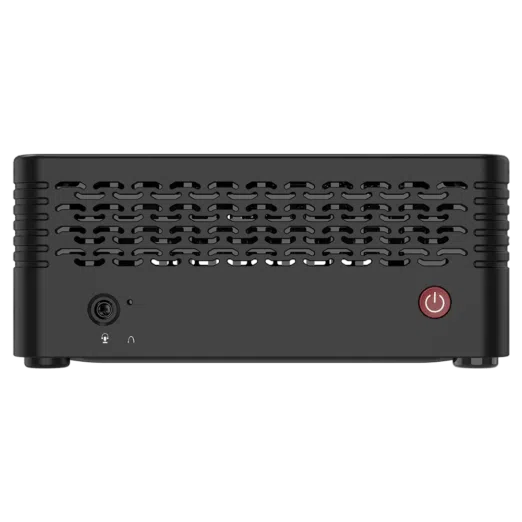 MinisForum EliteMini X500 Windows 10 Mini Computer - Shown from the front with 3.5mm Headphone&Microphone Jack and Power Button