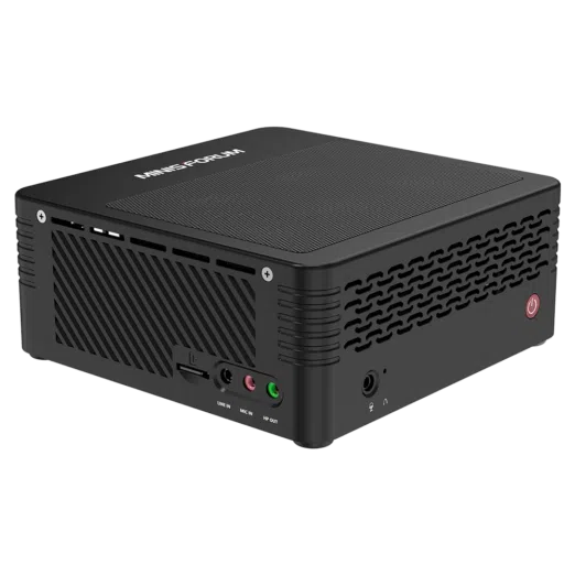 MinisForum EliteMini X500 Windows 10 Mini Computer - Shown from the front and left side