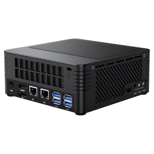 MinisForum EliteMini X400 Ryzen 5 PRO Mini Computer - Showing Rear I/O, including: 4x USB 3.0 Type-A, 2x RJ45 Ethernet Ports, HDMI Port, DP Port and Power Port