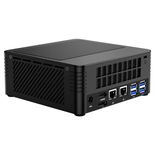 MinisForum EliteMini X400 Ryzen 5 PRO Mini Computer - Showing Rear I/O, including: 4x USB 3.0 Type-A, 2x RJ45 Ethernet Ports, HDMI Port, DP Port and Power Port