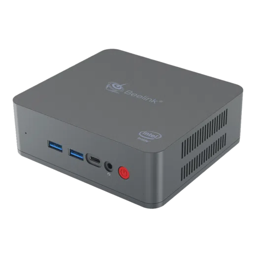 Beelink U55 Windows 10 Mini PC - Front View at an Angle showing Power Button, Headphone Jack, USB Type-C Port and two USB 3.0 Ports
