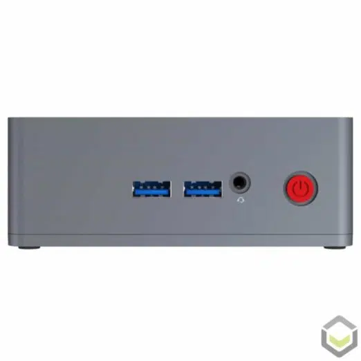 Beelink BT3-X Windows 10 Mini PC HTPC ; Front View showing Power Button, 3.5mm Headphone Jack and 2x USB 3.0 Type A Ports