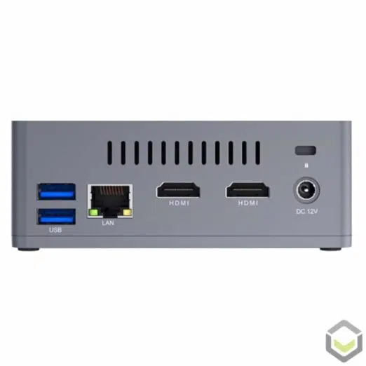 Beelink BT3-X Windows 10 Mini PC HTPC ; Rear View showing Cooling Vent, Kensington Lock, DC 12V PSU Port, Dual HDMI 1.4 Output, RJ45 1GB/s Ethernet LAN and 2 USB Type A 3.0
