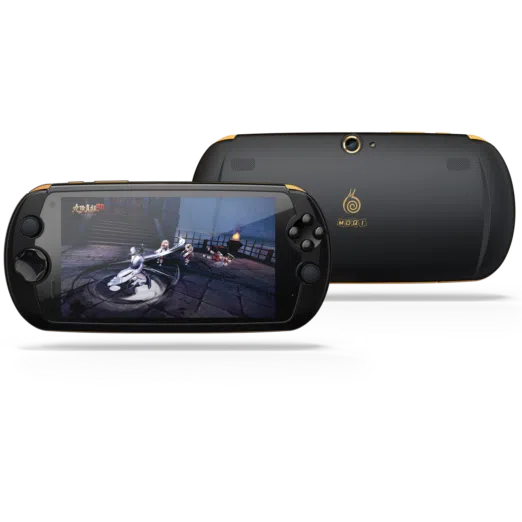 MOQi i7 Android Smartphone Handheld - Front view showing the console playing a MMORPG Game and the Camera on the back