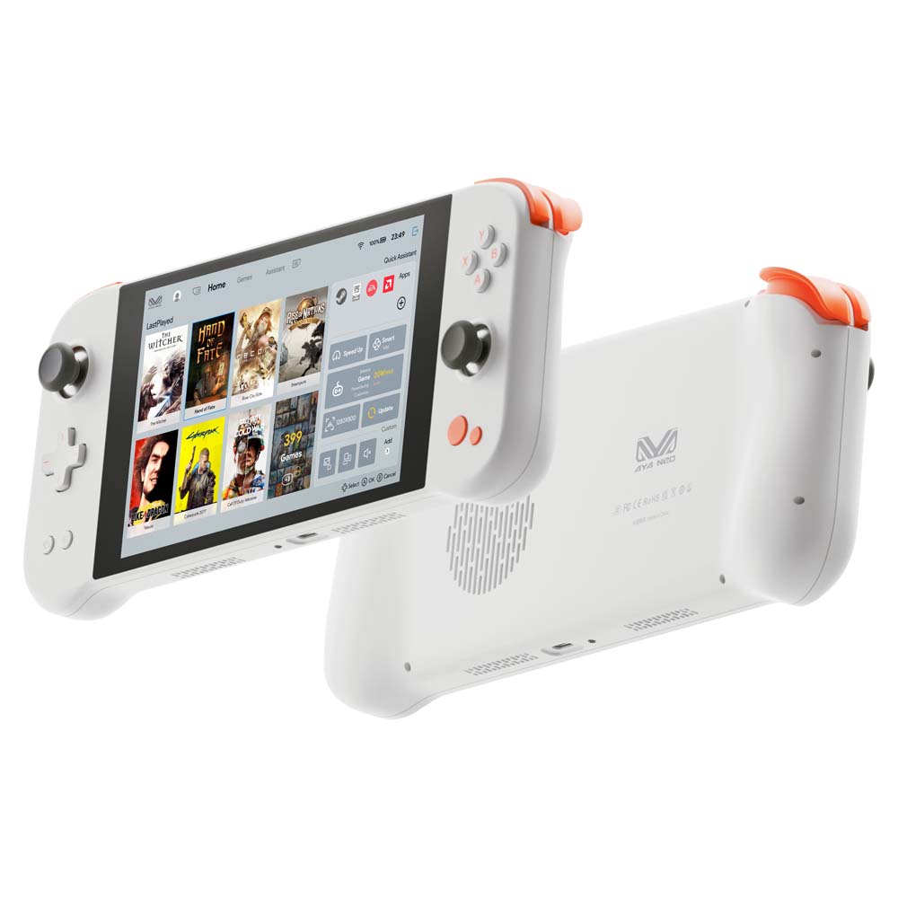 AYANEO Next Bright White PC Gaming Console shown from the front and back