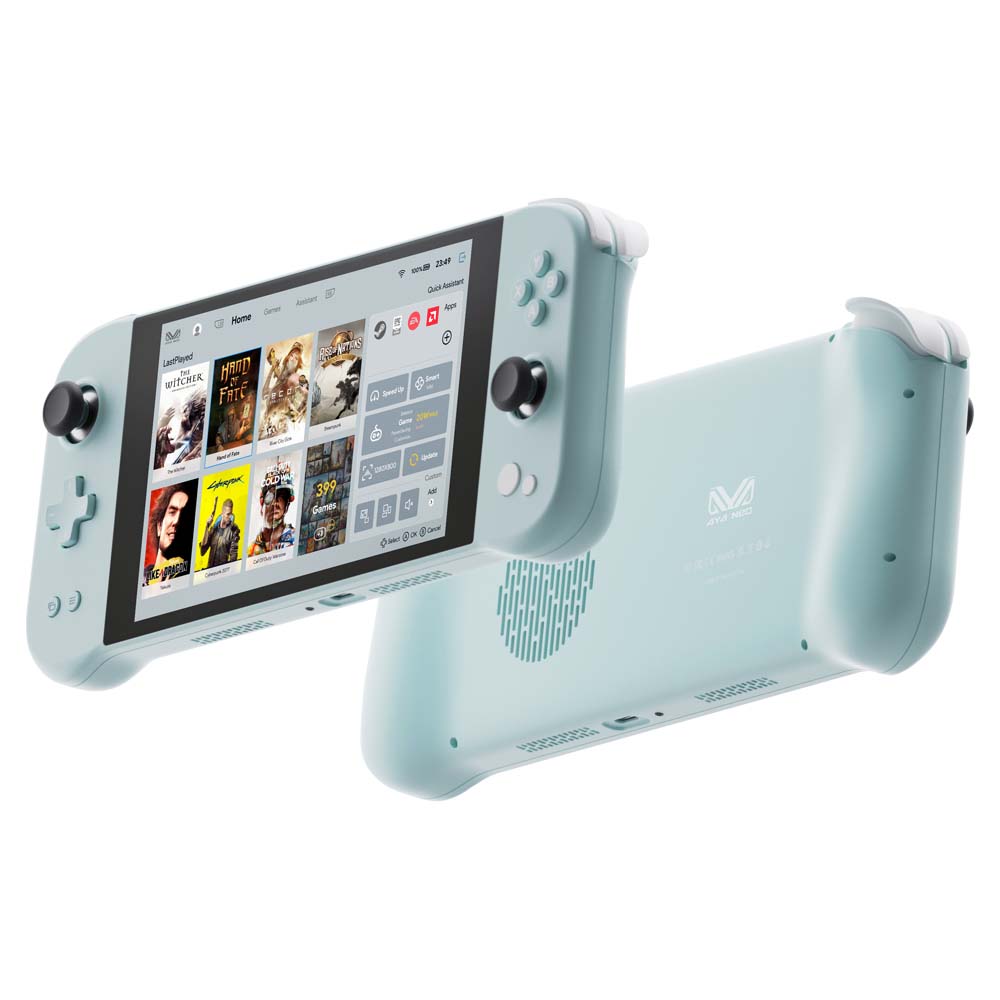 AYANEO Next Pastel Blue PC Gaming Console shown from the front and back