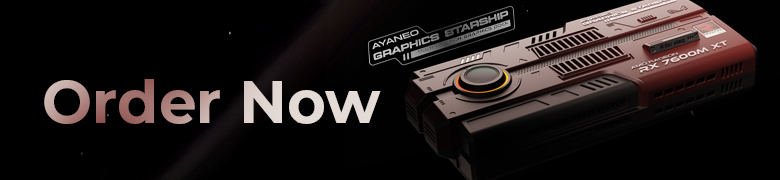 A black banner features a reddish-brown graphic card on the right, with "AYANEO GRAPHICS STARSHIP" and "RX 7600M XT" visible. To the left, large, stylized text in a gradient of white to reddish-brown reads "Order Now".