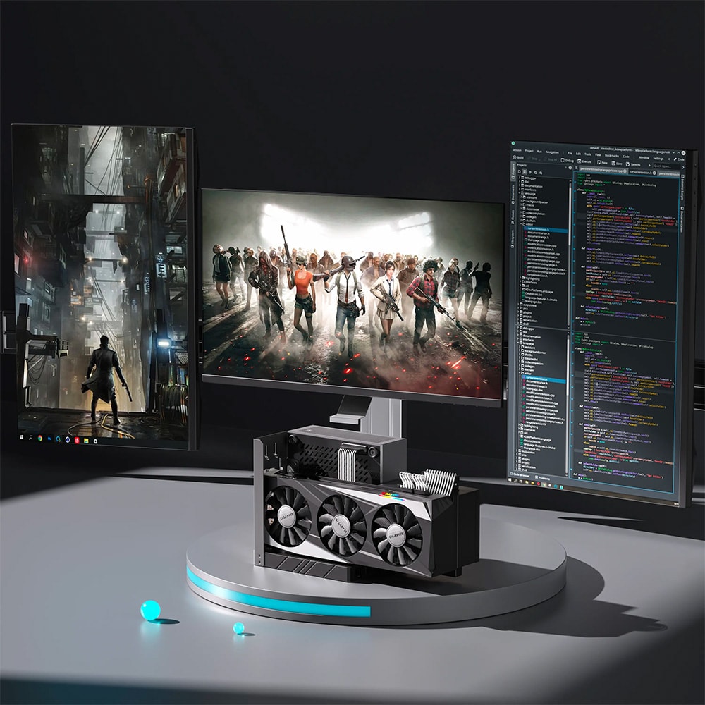 MinisForum EliteMini B550 Mini PC with Dedicated GPU shown with 3 monitors