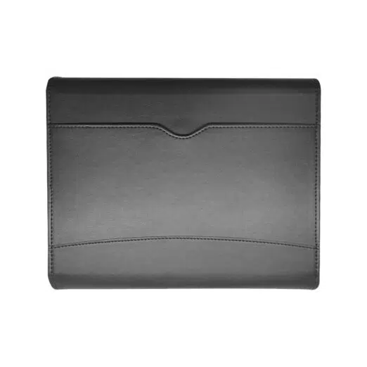 The backside of the black case, featuring a subtle curved stitching pattern and a cutout section for easy access.