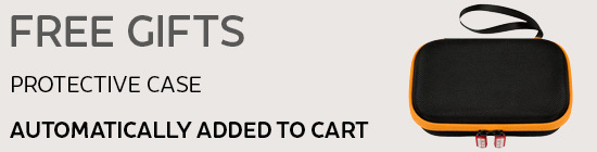 A promotional banner for "FREE GIFTS" that are "AUTOMATICALLY ADDED TO CART." The text is in a large, dark grey font on a light grey background. A "PROTECTIVE CASE" is listed below the main heading. To the right of the text is a black and orange hard-shell carrying case with a wrist strap and red zippers.