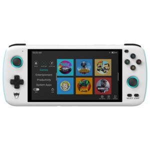 AYN Odin Pro handheld gaming console in sleek white, equipped with 8GB of RAM and 128GB of storage, engineered for ultimate mobile gaming performance