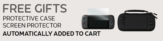 An image with a light brown background. On the left side, the words "FREE GIFTS" are written in large, dark gray letters. Below that, in smaller dark gray letters, are the words "PROTECTIVE CASE," "SCREEN PROTECTOR," and "AUTOMATICALLY ADDED TO CART." To the right of the text are two items. The first item is a black handheld gaming device with a screen protector partially applied to its screen. To its right is a black, textured protective carrying case for a handheld gaming device.