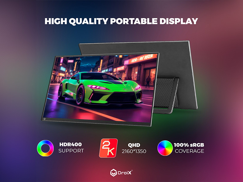 DroiX PM13 2K Portable Monitor 2 DroiX PM13 high-quality portable display with HDR400 support, QHD 2160x1350 resolution, and 100% sRGB coverage