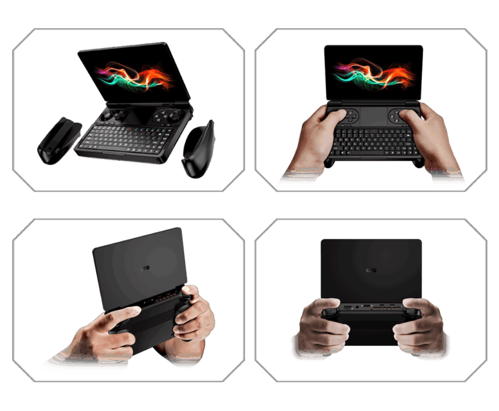 GPD Win Mini 2024, with and without ergonomic grips, offering versatile gaming comfort and control options.