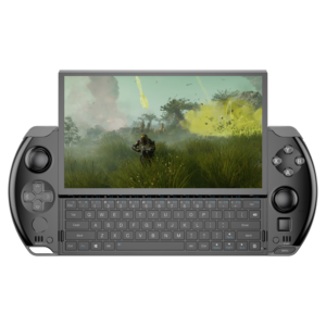 The GPD Win 4 (2024) handheld gaming PC, featuring a compact design with built-in controls, dual analog sticks, D-pad, and action buttons. Equipped with a high-resolution display, powerful processor, and integrated GPU for gaming on the go.