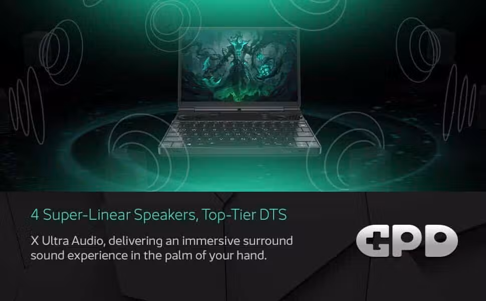 An image of the GPD Win Max 2 (2024) gaming laptop, focusing on its built-in speakers. The close-up view shows the speaker grills positioned near the keyboard, emphasizing the high-quality audio output designed to enhance the gaming and multimedia experience.