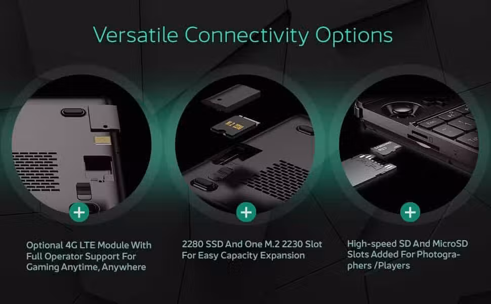 An image of the GPD Win Max 2 (2024) gaming laptop, showcasing its optional 4G LTE module for mobile connectivity. The laptop's underside is visible, highlighting the easy expansion capabilities with clearly labeled 2280 and 2230 M.2 slots for additional storage or upgrades