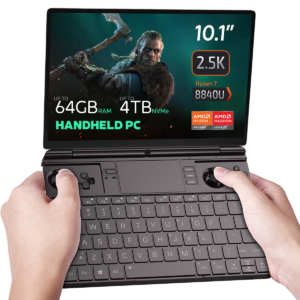 The GPD Win Max 2 (2024) is shown running The Witcher game on its display. The device features impressive specifications, including up to 64GB of RAM, up to 4TB SSD NVMe storage, and a Ryzen 7 8840U CPU, highlighting its capability to handle demanding games with ease.