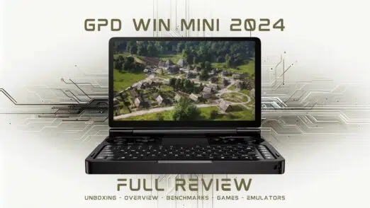 maxresdefault GPD WIN Mini 2024: Compact handheld gaming PC showcased in open clamshell position. High-resolution 7-inch display featuring a vibrant aerial view of a rural village with traditional houses and lush greenery. Full QWERTY keyboard visible below the screen, indicating dual functionality for gaming and productivity. Device surrounded by stylized circuit board patterns, emphasizing its technological prowess. Text overlay reads "GPD WIN MINI 2024" at the top and "FULL REVIEW" at the bottom, with subtext listing "UNBOXING - OVERVIEW - BENCHMARKS - GAMES - EMULATORS". The image blends real hardware presentation with graphical elements, suggesting a comprehensive review of the device's capabilities across various use cases. Black chassis contrasts with the colorful screen content, highlighting the device's sleek design and portability while promising powerful performance for gaming and beyond.