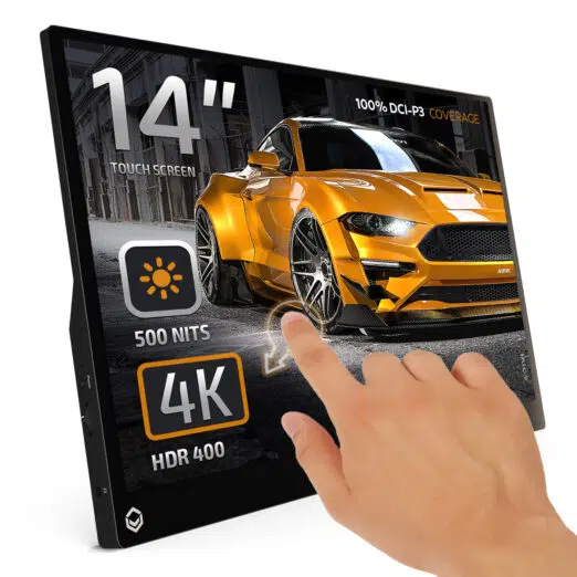 Artboard 1 DroiX 14-inch touchscreen portable monitor displaying a 4K image of a yellow sports car. Text overlay highlights features: 14" Touch Screen, 500 NITS brightness, 4K resolution, and HDR 400 support. A hand is shown interacting with the touchscreen