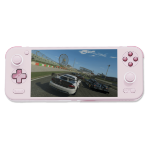 AYANEO Pocket S in "Sakura Pink" – A sleek handheld gaming device featuring vibrant pink controls, a high-resolution display showcasing a racing game, and a modern, portable design. The back and front views highlight its stylish aesthetics and attention to detail.