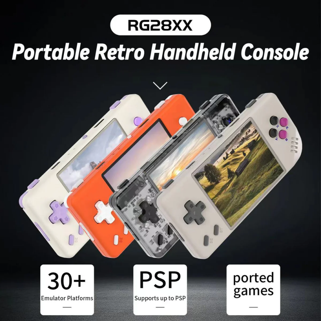 ANBERNIC RG28XX 1 Anbernic RG28xx handheld gaming console, showcasing its retro design with a sleek, modern finish. The console features a vibrant screen, ergonomic controls, and a compact form factor ideal for portable gaming.