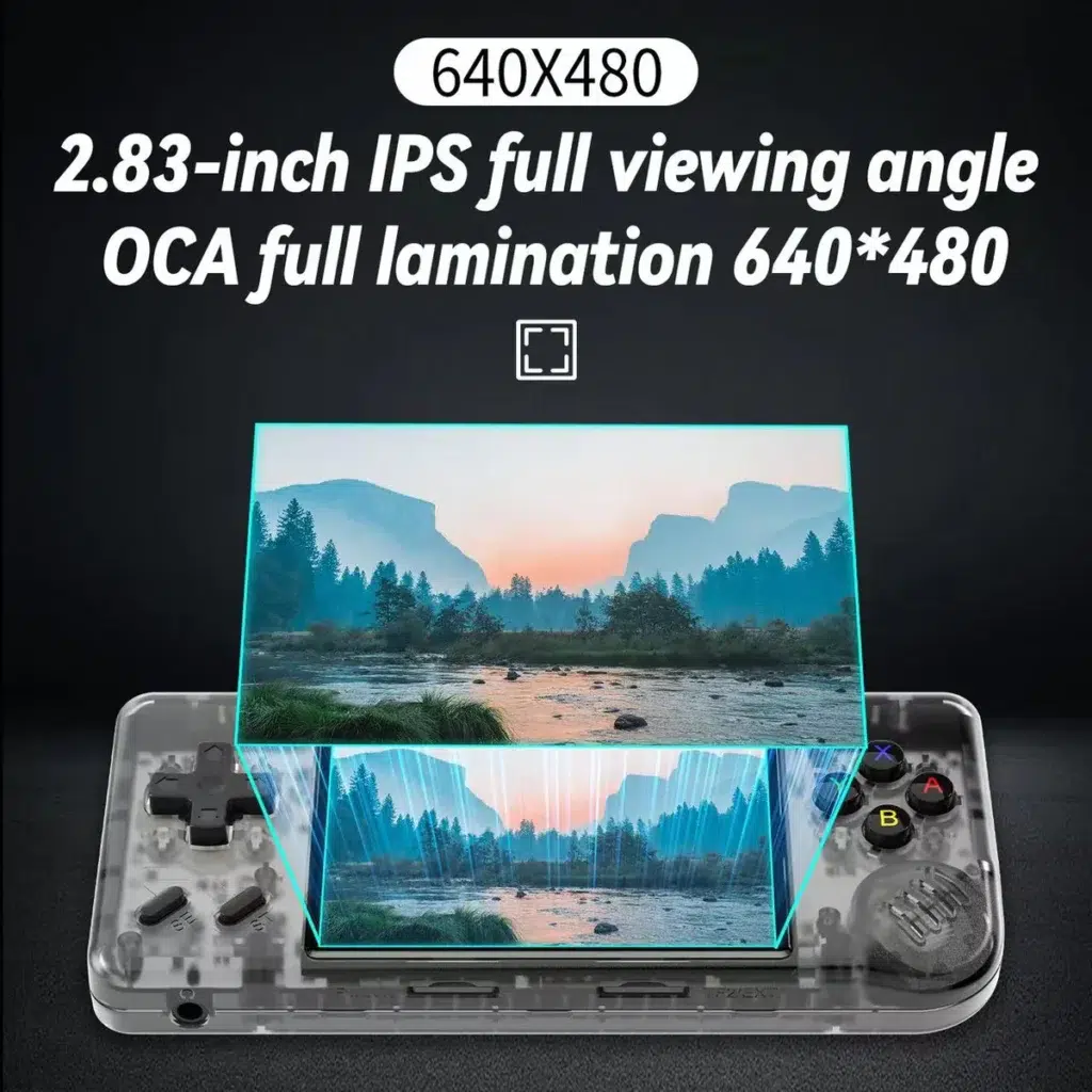 ANBERNIC RG28XX 5 Anbernic RG28xx handheld gaming console with a 2.83-inch 640x480 display, featuring a retro design with a sleek, modern finish. The console includes ergonomic controls and a compact form factor ideal for portable gaming, with a sharp and vibrant screen for a great visual experience