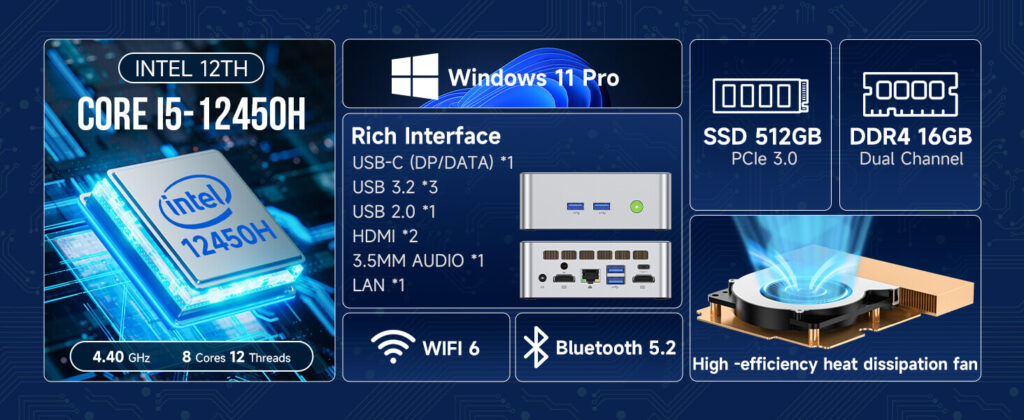 GMKTec NucBox M3 3 GMKtec NucBox M3 mini PC with Intel i5-12450H processor and Windows 11 Pro, offering a rich interface for seamless computing and productivity.