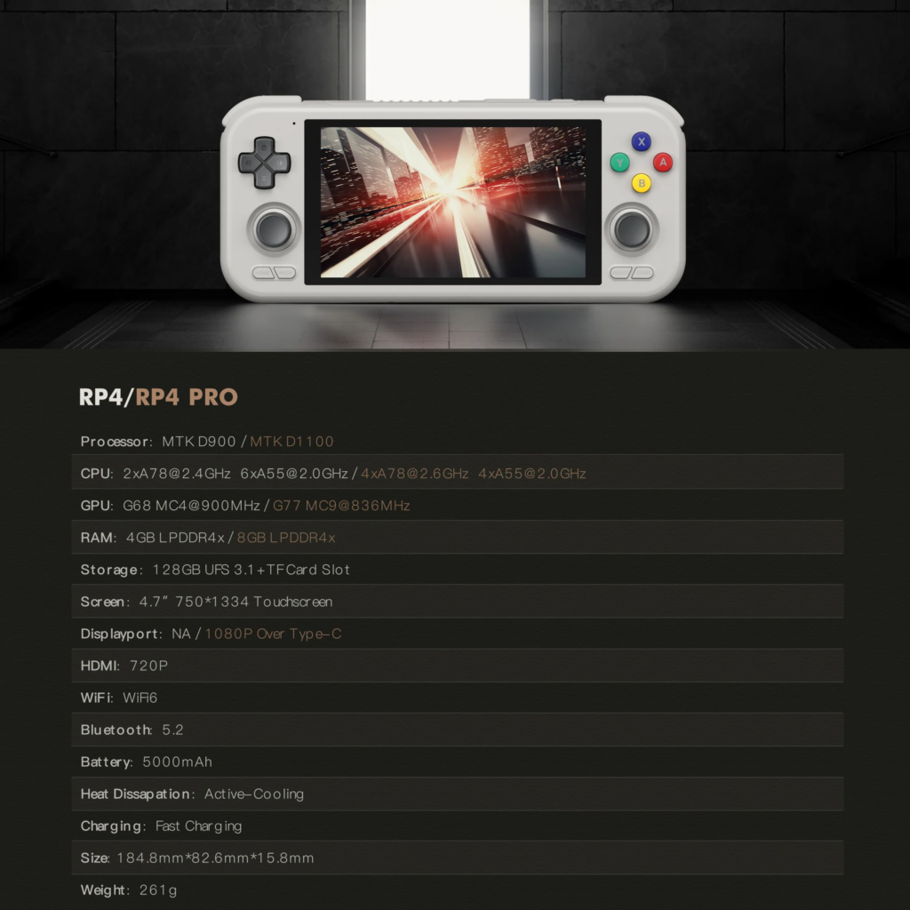 Retroid Pocket 4 & 4 PRO 6 Retroid Pocket 4 Pro technical specifications include a powerful processor, high-resolution display, extensive RAM and storage, and support for various gaming emulators and applications, offering a premium handheld gaming experience.