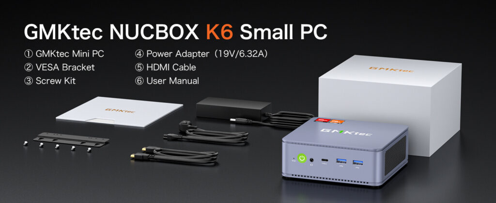 GMKTec NucBox K6 9 GMKtec NucBox K6 mini PC box contents include the mini PC itself, power adapter, user manual, and necessary cables for setup