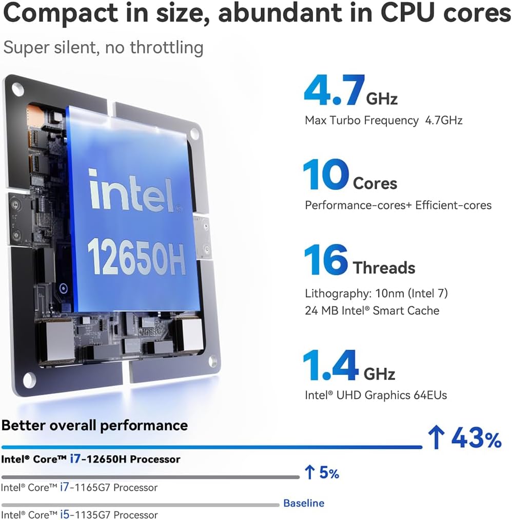 Beelink SEi 12 i7-12650H 2 tel Core i7-12650H processor, boasting 10 cores and 16 threads, the Beelink SEi12 excels in multitasking and demanding applications. Combined with Intel UHD Graphics, it effortlessly handles high-resolution displays and graphics-intensive tasks, making it perfect for gaming, creative work, and more