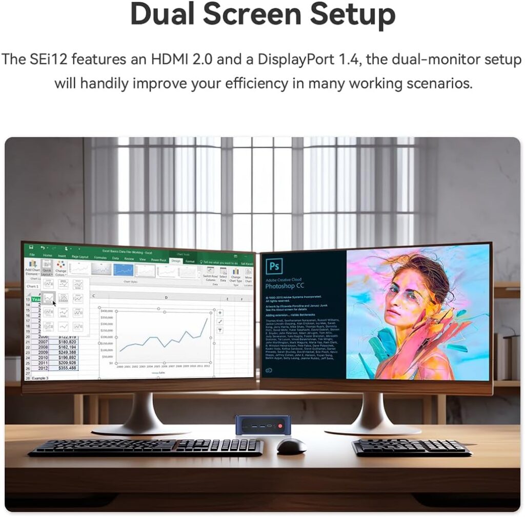 Beelink SEi 12 i7-12650H 4 eaturing a comprehensive array of ports including Thunderbolt 4 USB Type-C, USB 3.0 Type-A, HDMI (4K@60Hz), and DisplayPort 1.4, the SEi12 offers versatile connectivity options for peripherals and high-resolution displays. It also includes Gigabit Ethernet, Wi-Fi 6, and Bluetooth 5.2 for fast and reliable networking and wireless connectivity.