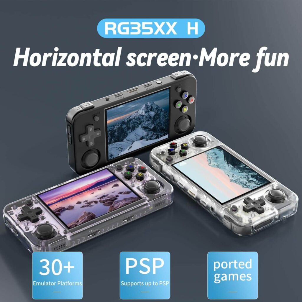 ANBERNIC RG35XX H 1 Anbernic RG35XX H, a handheld gaming console featuring a sleek design, ergonomic controls, and high-performance capabilities for portable gaming