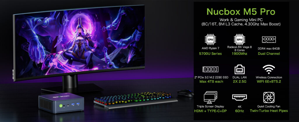 GMKTec NucBox M5 4 Technical specifications of the GMKtec NucBox M5 mini PC featuring AMD Ryzen 7 5700U processor, designed for high-performance computing in a compact form factor.