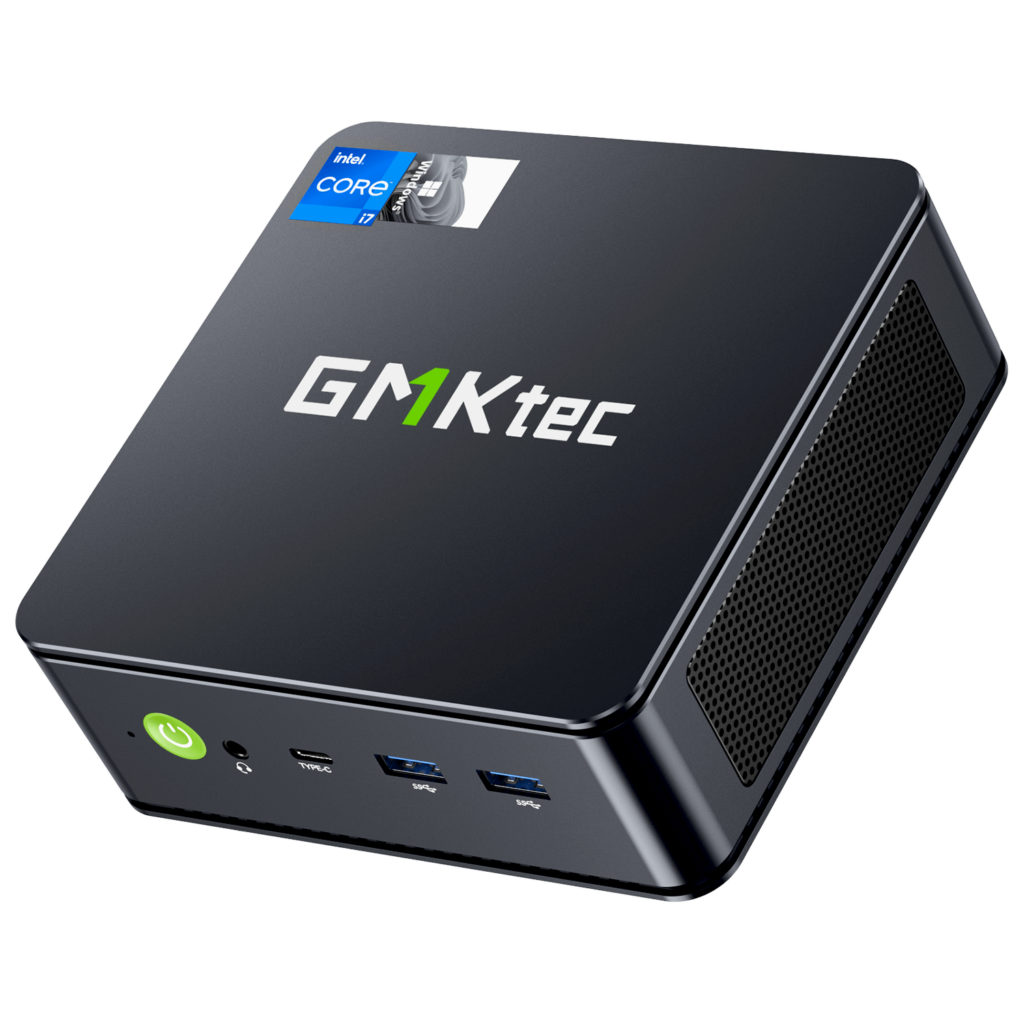 GMKTec NucBox K7 PLUS 1 The image showcases the GMKTEC NUBOX K7 Plus Mini PC, a compact and powerful computing device. It features a sleek, modern design with a matte black finish. The GMKTEC logo is prominently displayed on the top surface. The design emphasizes high performance, portability, and versatility, making it suitable for a variety of computing tasks.