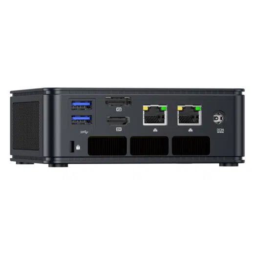 The image shows the back panel of the GMKTEC NUBOX K7 Plus Mini PC, highlighting its input/output ports. These include HDMI ports, USB ports, an Ethernet port, and audio jacks. The layout is organized for easy access and efficient cable management, enhancing the device's connectivity and functionality.