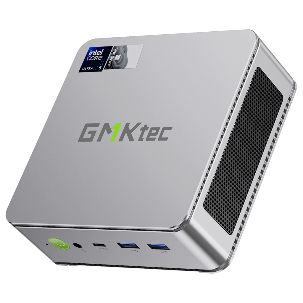 GMKTec NucBox K9 1 The image showcases the GMKTEC NUBOX K9 Mini PC in a stylish silver finish, adding a touch of elegance to its sleek design. The silver color enhances its modern aesthetic, making it an attractive addition to any workspace. The GMKTEC logo is subtly displayed on the top surface. Overall, the image highlights the sophisticated appearance of the GMKTEC NUBOX K9 Mini PC in silver