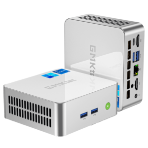 The image displays the GMKTEC M3 Mini PC, a compact and efficient computing device. It features a sleek, modern design with a matte black finish. The front panel includes multiple ports for connectivity, such as USB ports and an audio jack, and the GMKTEC logo is visible on the top surface. The design emphasizes portability and functionality, suitable for various computing needs.