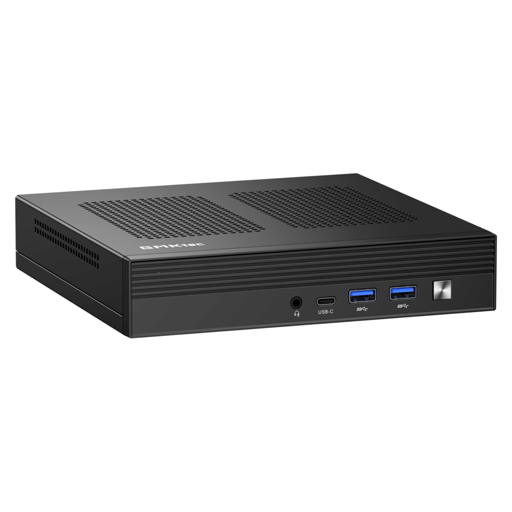 NucBox M4 Front View The image shows the GMKTEC NUBOX M4 Mini PC, a compact and stylish computing device. The mini PC has a sleek, matte black finish with a minimalist design. The front panel features multiple input/output ports including USB ports, an audio jack, and possibly a power button. The GMKTEC logo is prominently displayed on the top surface. The device's small form factor highlights its portability and practicality for various computing needs.