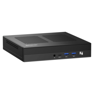 The image shows the GMKTEC NUBOX M4 Mini PC, a compact and stylish computing device. The mini PC has a sleek, matte black finish with a minimalist design. The front panel features multiple input/output ports including USB ports, an audio jack, and possibly a power button. The GMKTEC logo is prominently displayed on the top surface. The device's small form factor highlights its portability and practicality for various computing needs.