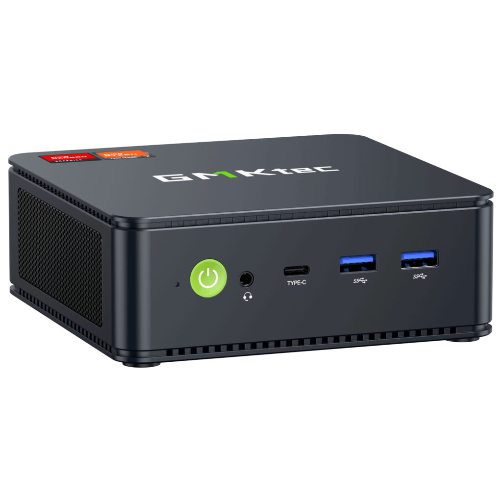 GMKTec NucBox M5 1 The image shows the GMKTEC NUBOX M5 Mini PC, a sleek and compact computing device. It has a modern design with a matte black finish. The front panel features several connectivity ports, including USB ports and an audio jack, and the GMKTEC logo is prominently displayed on the top. The overall design is minimalist, emphasizing portability and functionality for diverse computing tasks.