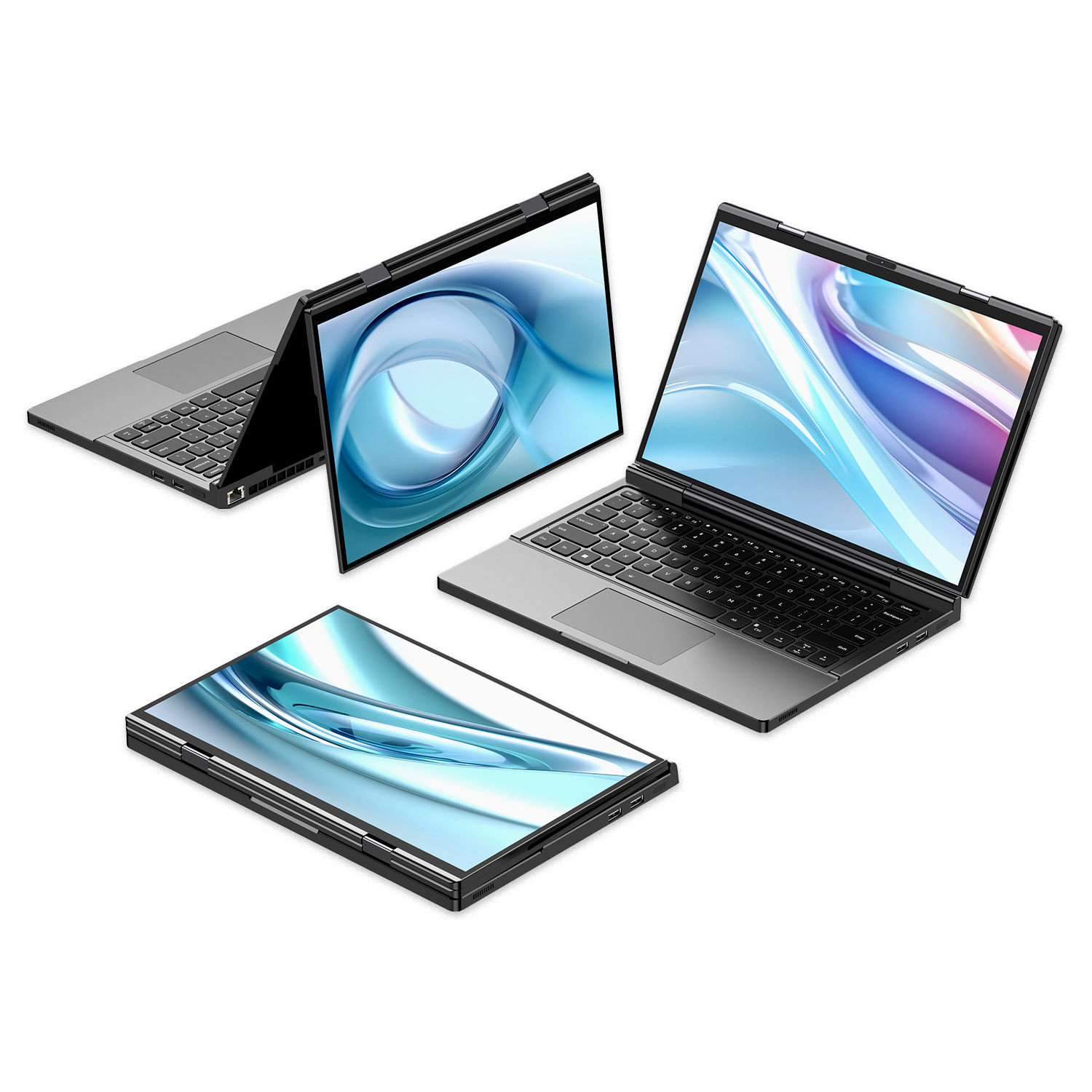 GPD DUO 1 Three views of the GPD DUO laptop showcasing its versatility. The device features dual 13.3-inch screens with vibrant blue and purple abstract designs. It's shown in laptop mode, tablet mode with the screen fully rotated, and as a tent-like display. The laptop has a sleek gray and black design with a full keyboard.