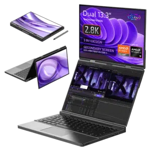 Image of the GPD Duo laptop, showcasing its 3-in-1 design with dual 13.3-inch touchscreen displays, each with 2.8K OLED resolution. The laptop is displayed in various modes: tablet, tent, and dual-screen laptop configurations. The secondary screen supports video input via USB-C. Specifications highlighted include AMD Ryzen 7 8840U or Ryzen AI, up to 64GB LPDDR5x RAM, and up to 8TB PCIe 4.0 NVMe SSD storage