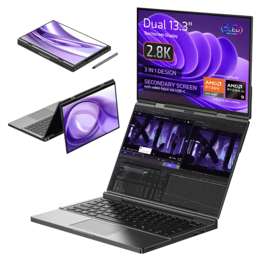 GPD-DUO-LISTING-INFOGRAPHICS-01-GENERIC1 Image of the GPD Duo laptop, showcasing its 3-in-1 design with dual 13.3-inch touchscreen displays, each with 2.8K OLED resolution. The laptop is displayed in various modes: tablet, tent, and dual-screen laptop configurations. The secondary screen supports video input via USB-C. Specifications highlighted include AMD Ryzen 7 8840U or Ryzen AI, up to 64GB LPDDR5x RAM, and up to 8TB PCIe 4.0 NVMe SSD storage