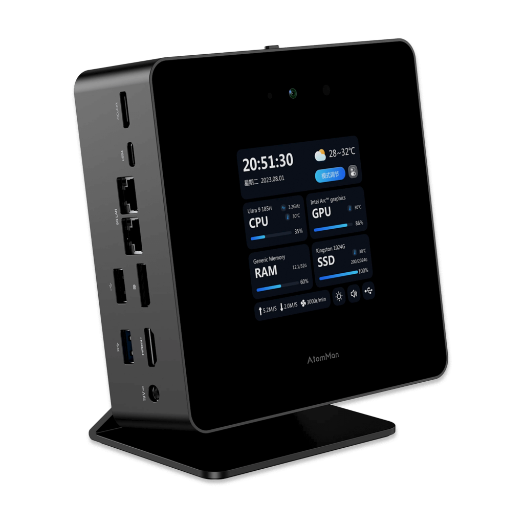 MINISFORUM AtomMan X7 Ti 1 Front view of the Minisforum AtomMan X7 Ti, featuring a sleek, modern design. The device includes multiple ports such as USB, HDMI, and Ethernet. It is designed for high performance with advanced cooling systems, ensuring efficient and quiet operation.