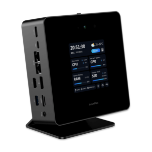 Front view of the Minisforum AtomMan X7 Ti, featuring a sleek, modern design. The device includes multiple ports such as USB, HDMI, and Ethernet. It is designed for high performance with advanced cooling systems, ensuring efficient and quiet operation.